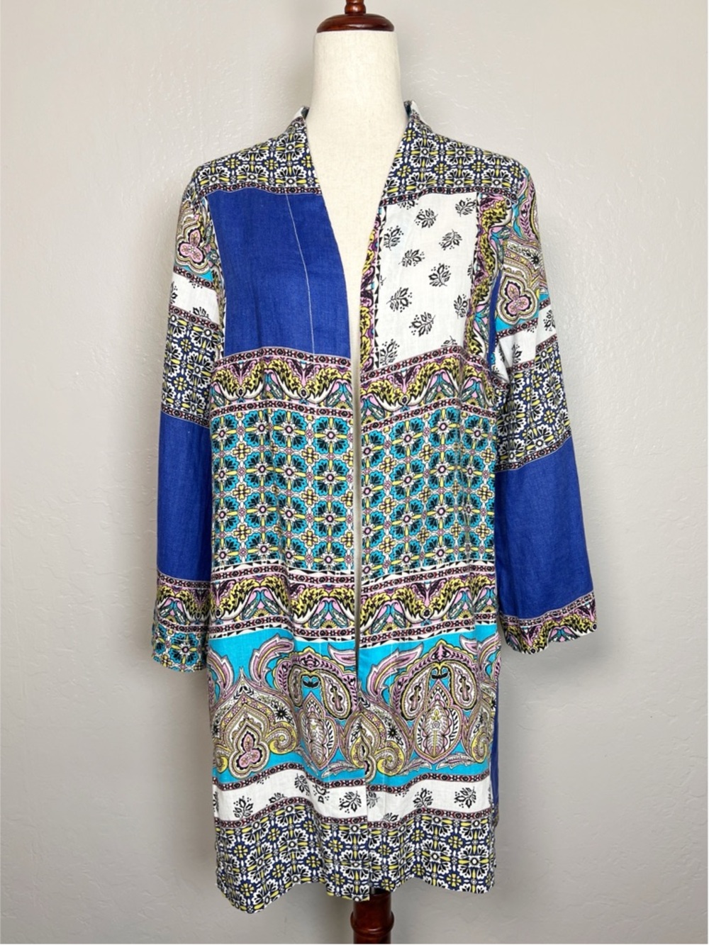 CHICO’S Women’s Size 8/10 Multicolor Patchwork Linen Open Kimono Duster Jacket
